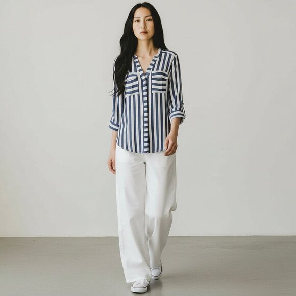 a.n.a  Gray & White Lightweight Long /Roll Tab Sleeve Striped Long line Shirt S - Picture 16 of 16